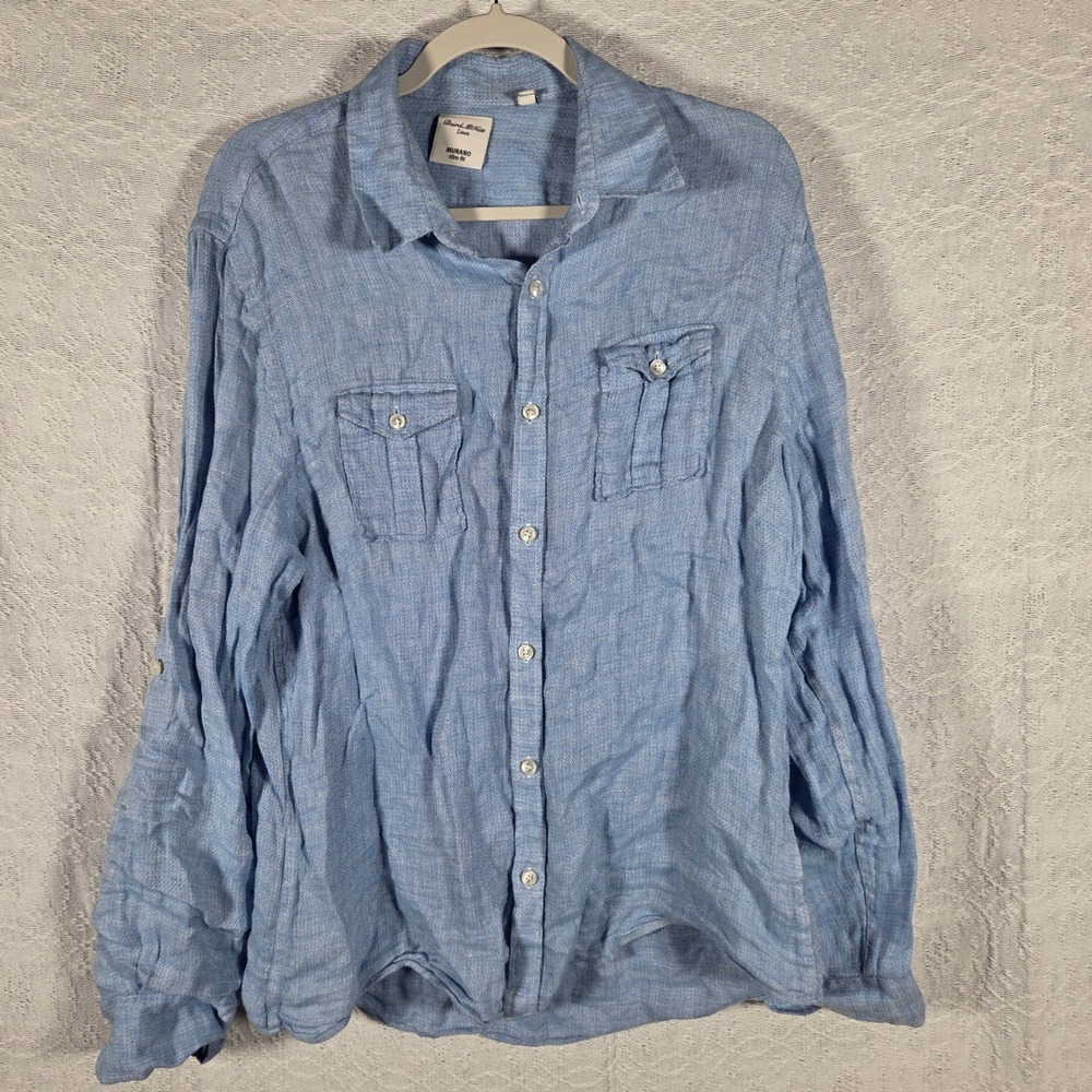 Murano Baird McNutt Linen Shirt Mens Large Blue Slim Fit Roll Tab Long Sleeve